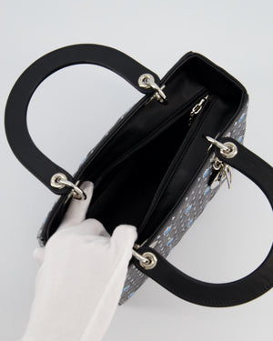 Christian Dior Medium Lady Dior Bag in Black Calfskin with Blue Floral Embroidery and Silver Hardware