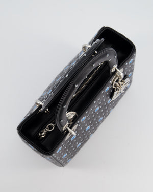 Christian Dior Medium Lady Dior Bag in Black Calfskin with Blue Floral Embroidery and Silver Hardware