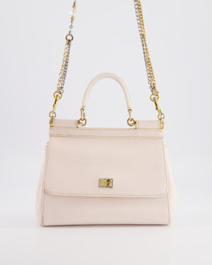 Dolce & Gabbana Light Pink Iguana Embossed Leather Small Sicily Bag with Mixed Hardware and Crystal Pearl Chain