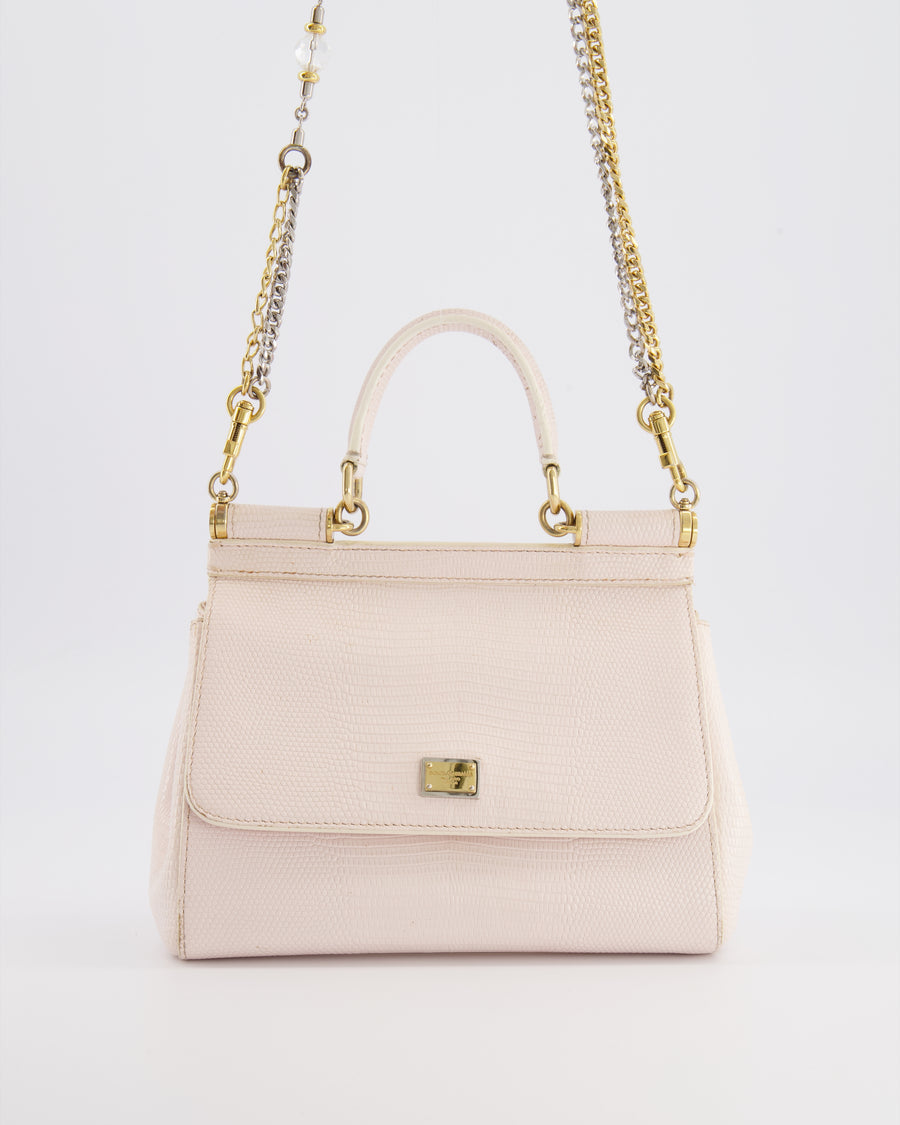 Dolce & Gabbana Light Pink Iguana Embossed Leather Small Sicily Bag with Mixed Hardware and Crystal Pearl Chain