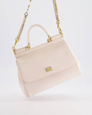 Dolce & Gabbana Light Pink Iguana Embossed Leather Small Sicily Bag with Mixed Hardware and Crystal Pearl Chain
