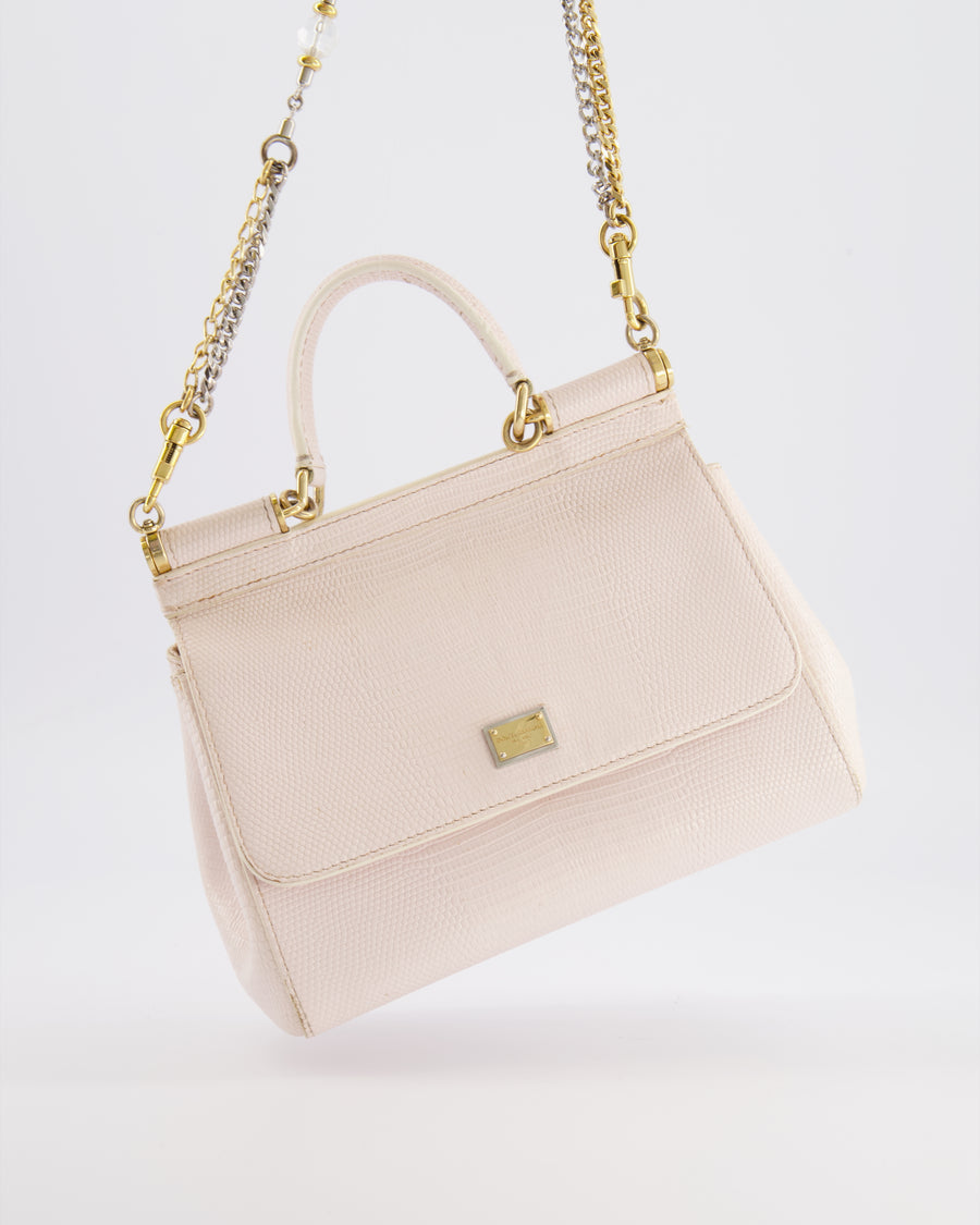 Dolce & Gabbana Light Pink Iguana Embossed Leather Small Sicily Bag with Mixed Hardware and Crystal Pearl Chain