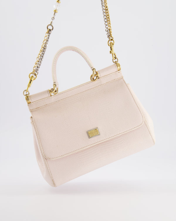 Dolce & Gabbana Light Pink Iguana Embossed Leather Small Sicily Bag with Mixed Hardware and Crystal Pearl Chain