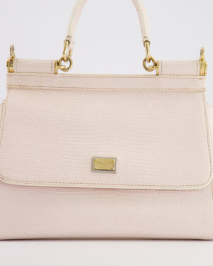 Dolce & Gabbana Light Pink Iguana Embossed Leather Small Sicily Bag with Mixed Hardware and Crystal Pearl Chain