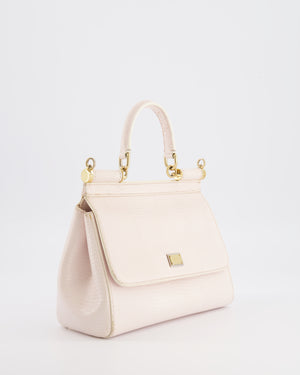 Dolce & Gabbana Light Pink Iguana Embossed Leather Small Sicily Bag with Mixed Hardware and Crystal Pearl Chain