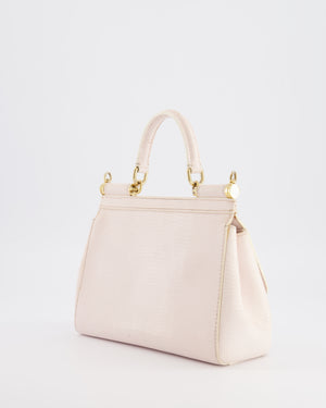 Dolce & Gabbana Light Pink Iguana Embossed Leather Small Sicily Bag with Mixed Hardware and Crystal Pearl Chain