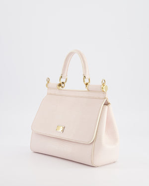 Dolce & Gabbana Light Pink Iguana Embossed Leather Small Sicily Bag with Mixed Hardware and Crystal Pearl Chain