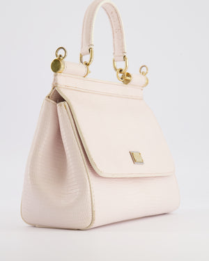 Dolce & Gabbana Light Pink Iguana Embossed Leather Small Sicily Bag with Mixed Hardware and Crystal Pearl Chain