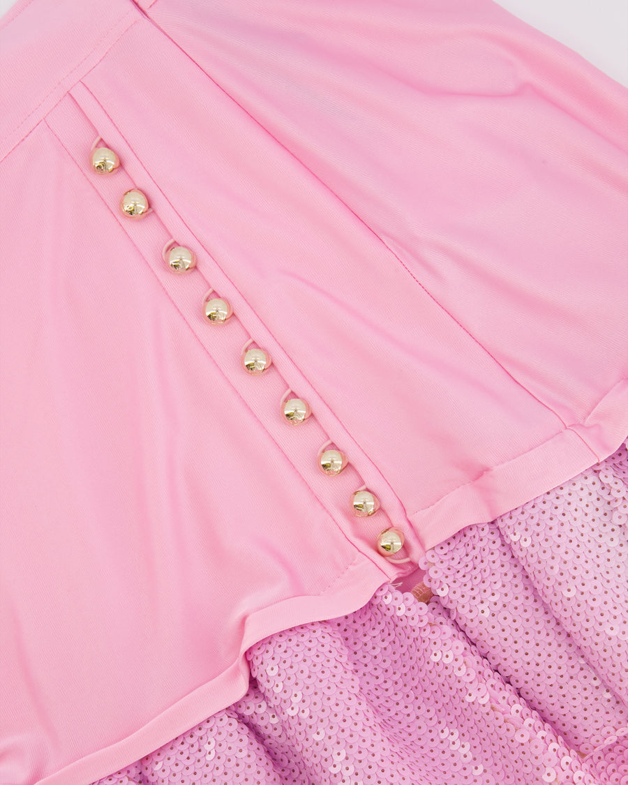 Paco Rabanne Pink Mini Skirt with Sequined Pleated Hem and Gold Buttons Detail Size FR 36 (UK 8)