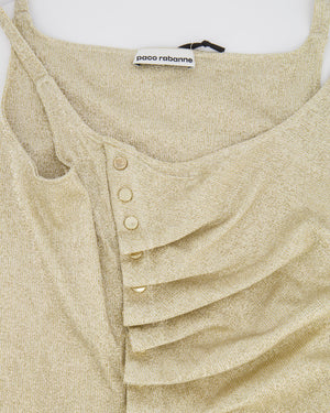 Paco Rabanne Gold Shimmery Sleeveless Mini Dress with Rouched Detail and Gold Buttons Size FR 38 (UK 10)
