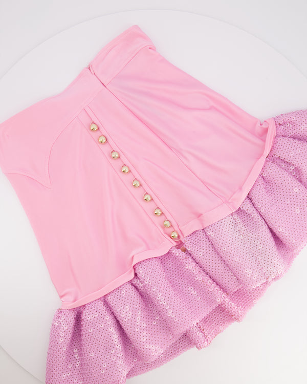 Paco Rabanne Pink Mini Skirt with Sequined Pleated Hem and Gold Buttons Detail Size FR 36 (UK 8)