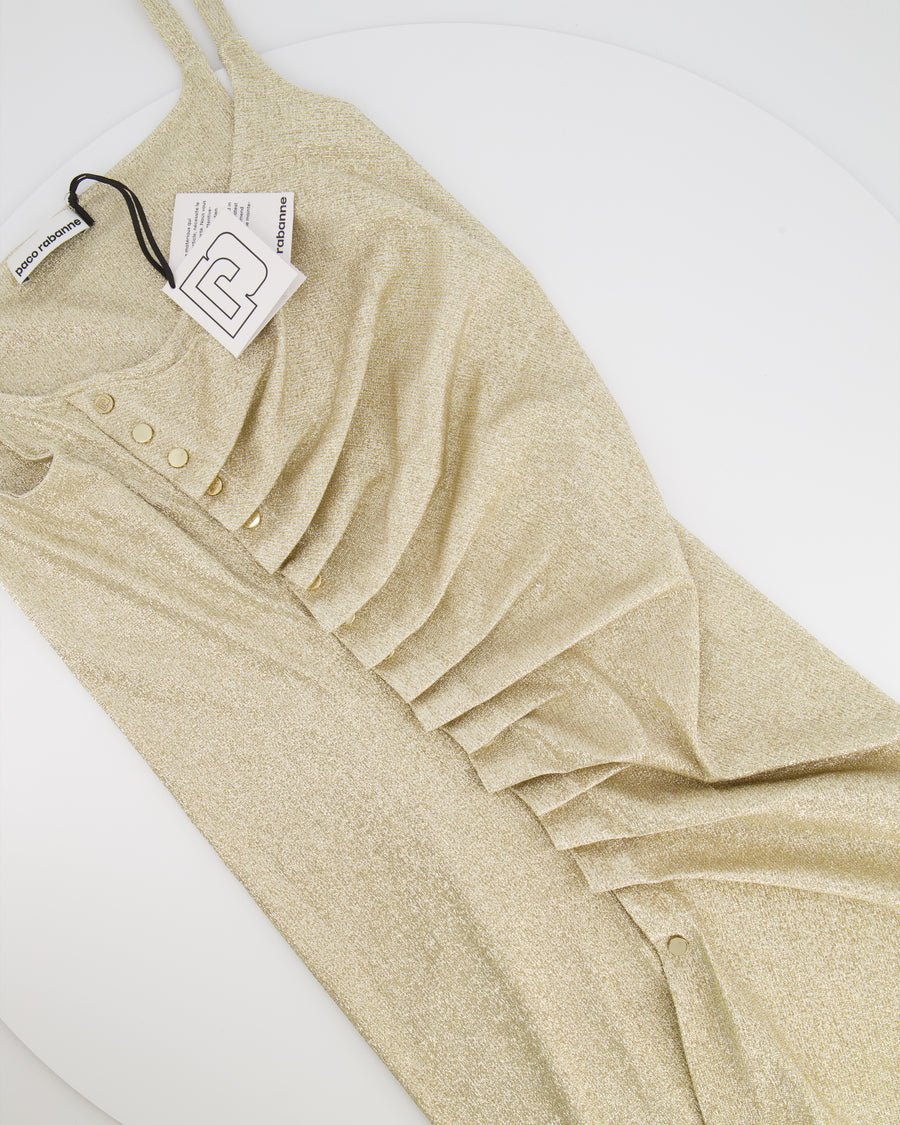 Paco Rabanne Gold Shimmery Sleeveless Mini Dress with Rouched Detail and Gold Buttons Size FR 38 (UK 10)