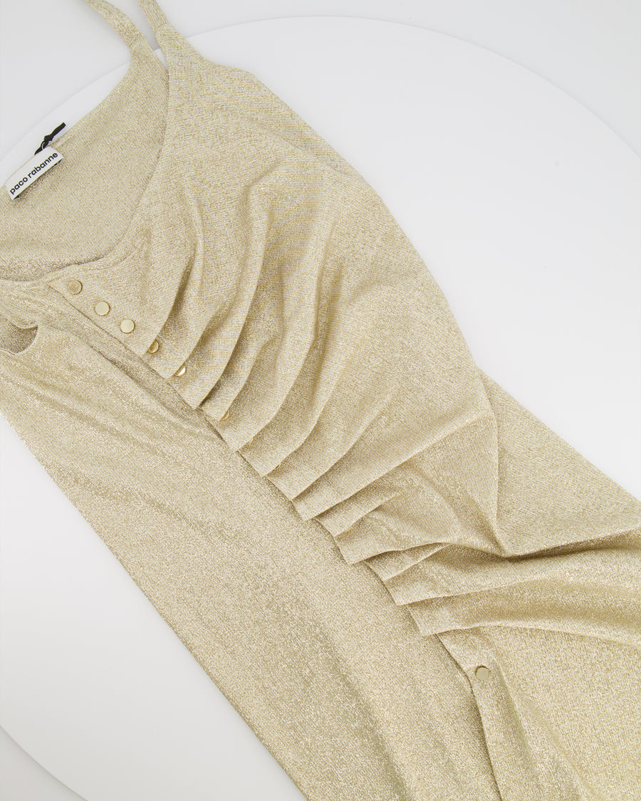 Paco Rabanne Gold Shimmery Sleeveless Mini Dress with Rouched Detail and Gold Buttons Size FR 38 (UK 10)