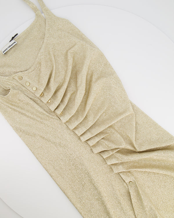 Paco Rabanne Gold Shimmery Sleeveless Mini Dress with Rouched Detail and Gold Buttons Size FR 38 (UK 10)