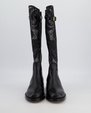 Christian Dior Black Knee High Leather Boots with Lace Detail and Gold Buckle Size EU 37