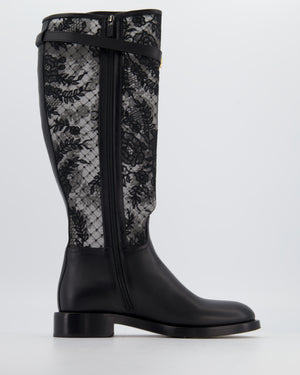 Christian Dior Black Knee High Leather Boots with Lace Detail and Gold Buckle Size EU 37