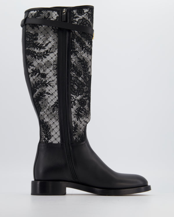 Christian Dior Black Knee High Leather Boots with Lace Detail and Gold Buckle Size EU 37