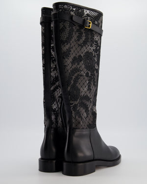 Christian Dior Black Knee High Leather Boots with Lace Detail and Gold Buckle Size EU 37