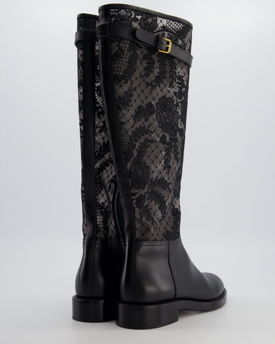 Christian Dior Black Knee High Leather Boots with Lace Detail and Gold Buckle Size EU 37