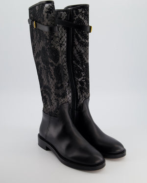 Christian Dior Black Knee High Leather Boots with Lace Detail and Gold Buckle Size EU 37