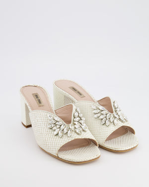 Miu Miu White Snake Embossed Leather Heeled Mules with Crystal Embellishments Size EU 40