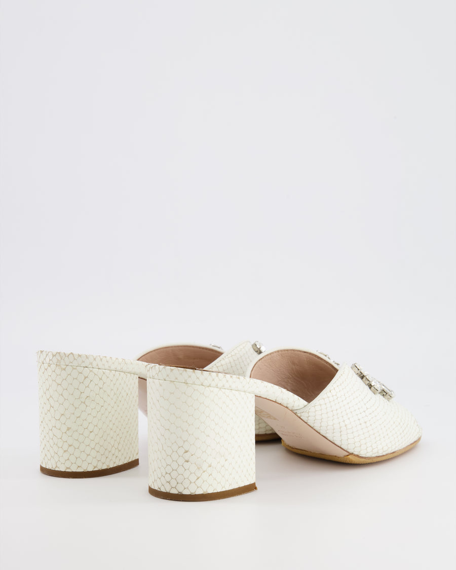 Miu Miu White Snake Embossed Leather Heeled Mules with Crystal Embellishments Size EU 40