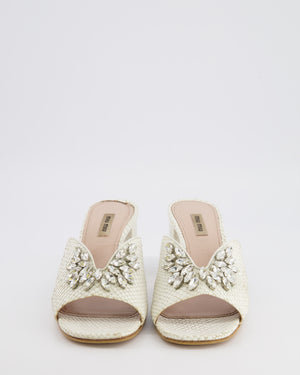 Miu Miu White Snake Embossed Leather Heeled Mules with Crystal Embellishments Size EU 40