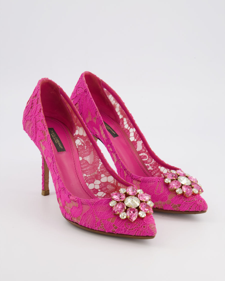 Dolce & Gabbana Pink Lace Bellucci Pumps with Crystal Embellishments Size EU 39