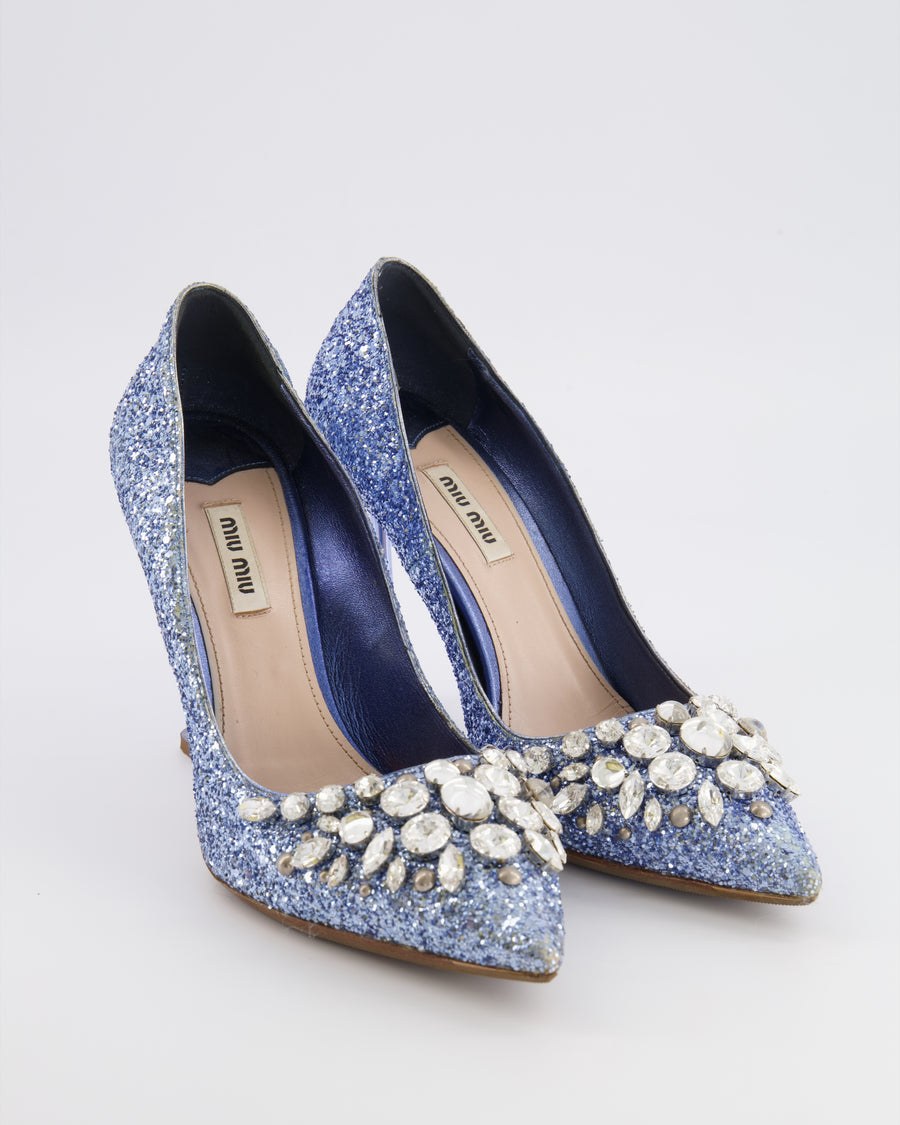 Miu Miu Blue Sequin Pumps with Crystal Embellishments Size EU 39