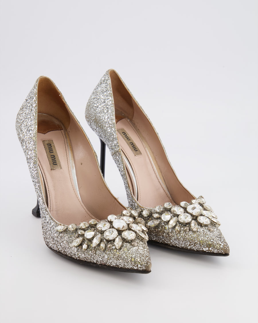 Miu Miu Silver Glitter Pumps with Crystal Embellishments Size EU 40