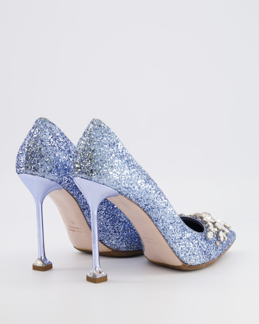 Miu Miu Blue Sequin Pumps with Crystal Embellishments Size EU 39