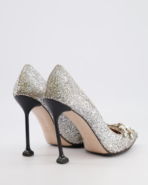 Miu Miu Silver Glitter Pumps with Crystal Embellishments Size EU 40