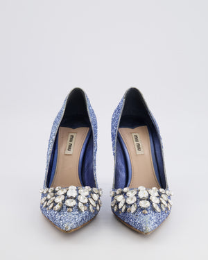Miu Miu Blue Sequin Pumps with Crystal Embellishments Size EU 39