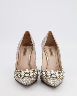 Miu Miu Silver Glitter Pumps with Crystal Embellishments Size EU 40