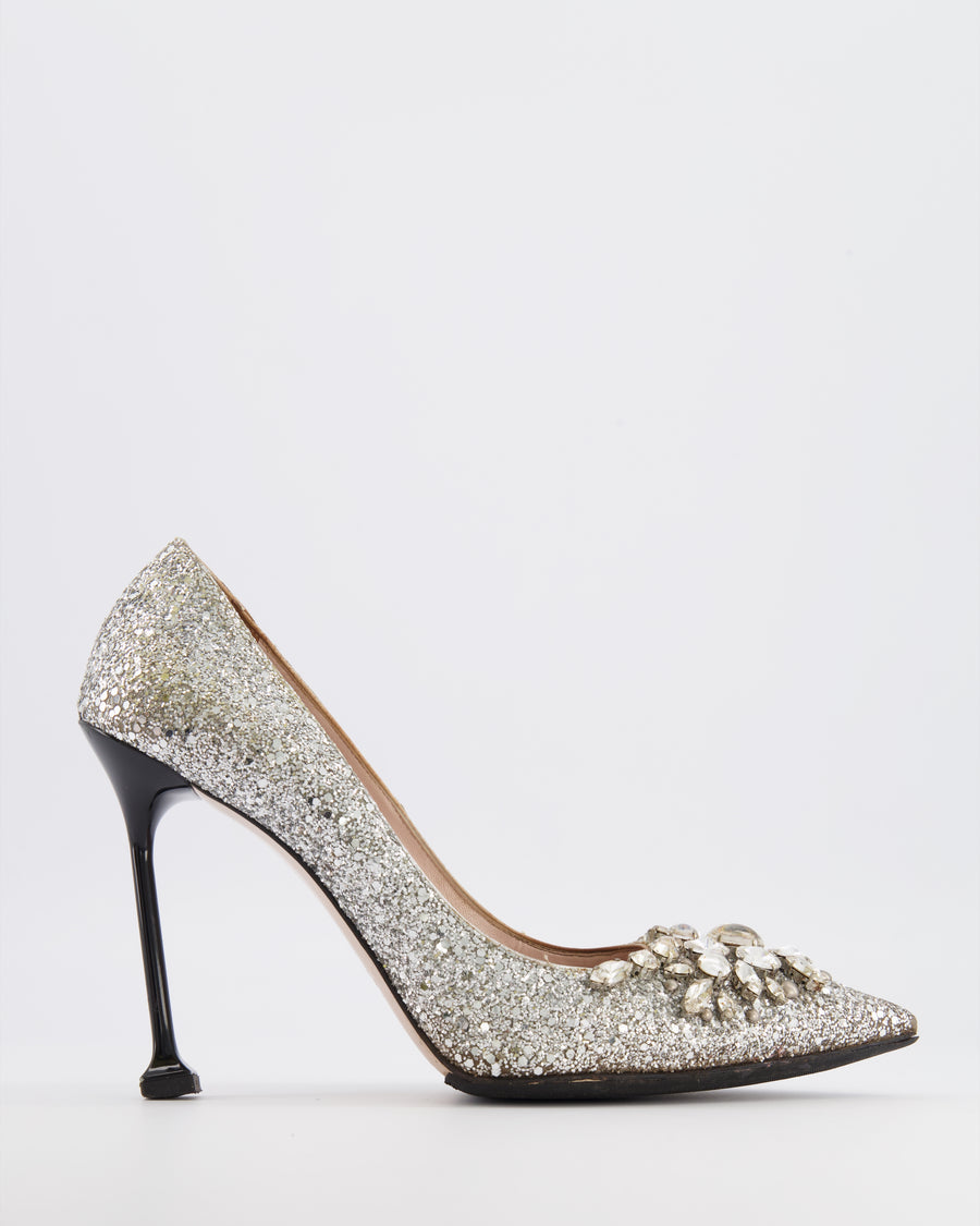 Miu Miu Silver Glitter Pumps with Crystal Embellishments Size EU 40