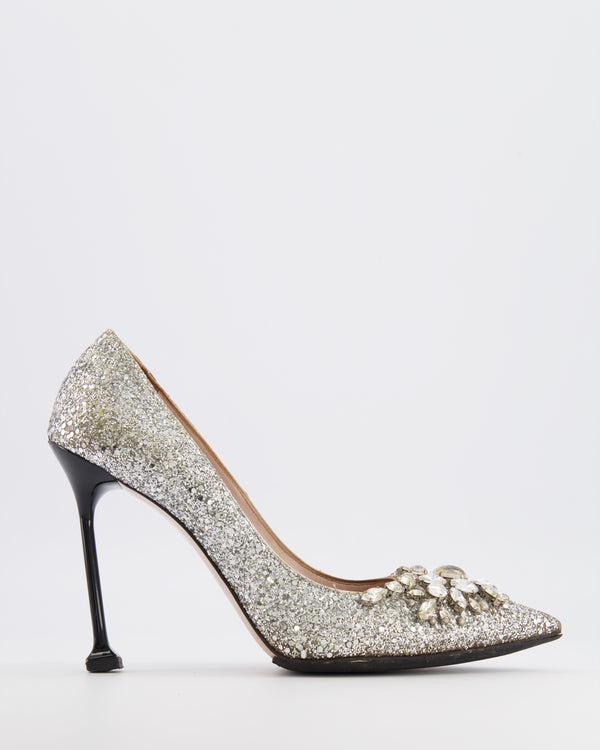 Miu Miu Silver Glitter Pumps with Crystal Embellishments Size EU 40
