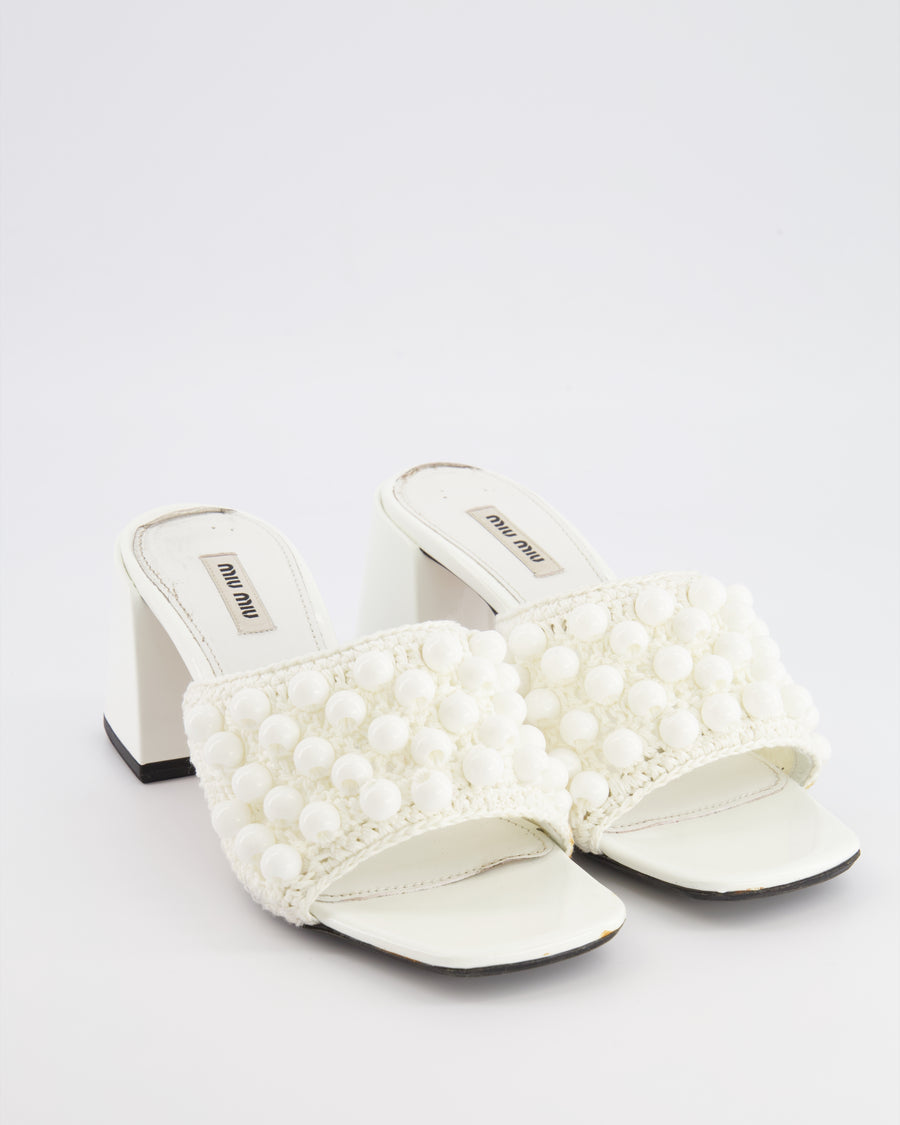 Miu Miu White Patent Leather and Crochet Heeled Mules with Beaded Details Size EU 39