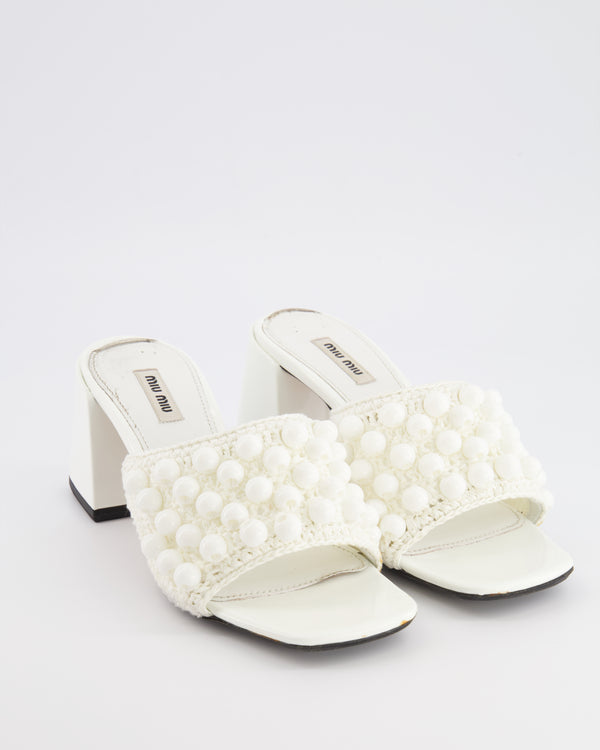 Miu Miu White Patent Leather and Crochet Heeled Mules with Beaded Details Size EU 39
