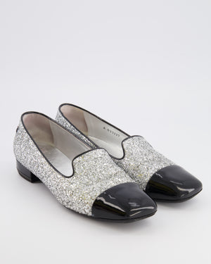 Chanel Silver Glitter Loafers with Black Patent Leather Cap Toe and Black CC Logo Detail Size EU 40