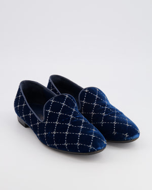 Chanel Navy Velours Loafers with Silver Diamond Stitch Pattern and CC Logos Size EU 40C