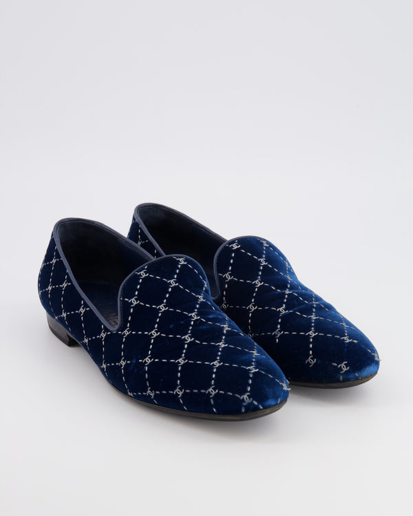 Chanel Navy Velours Loafers with Silver Diamond Stitch Pattern and CC Logos Size EU 40C