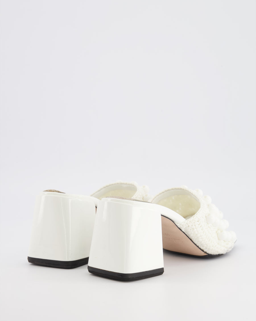 Miu Miu White Patent Leather and Crochet Heeled Mules with Beaded Details Size EU 39