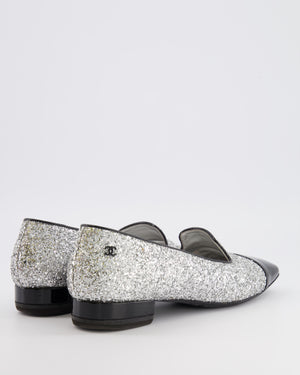 Chanel Silver Glitter Loafers with Black Patent Leather Cap Toe and Black CC Logo Detail Size EU 40
