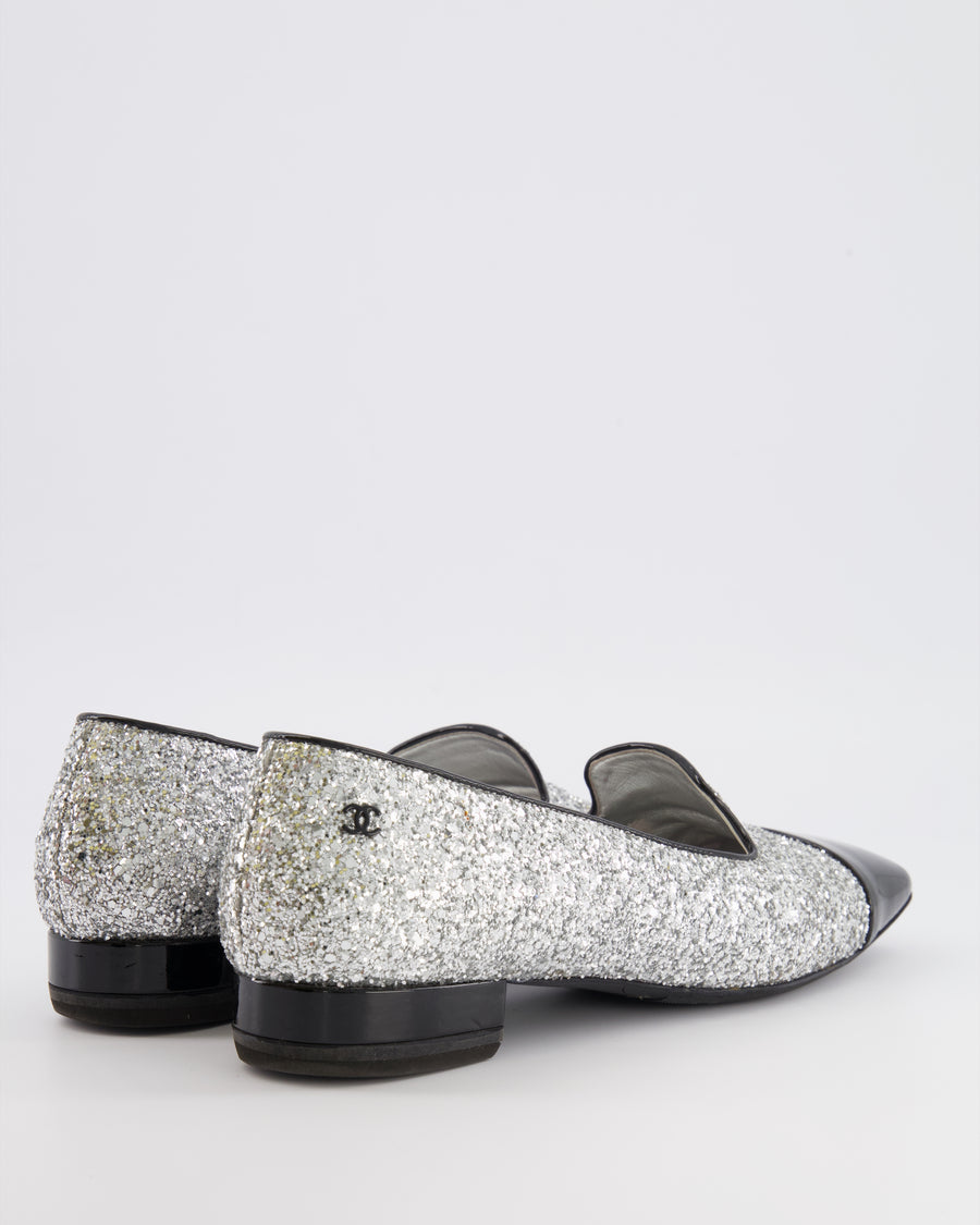 Chanel Silver Glitter Loafers with Black Patent Leather Cap Toe and Black CC Logo Detail Size EU 40