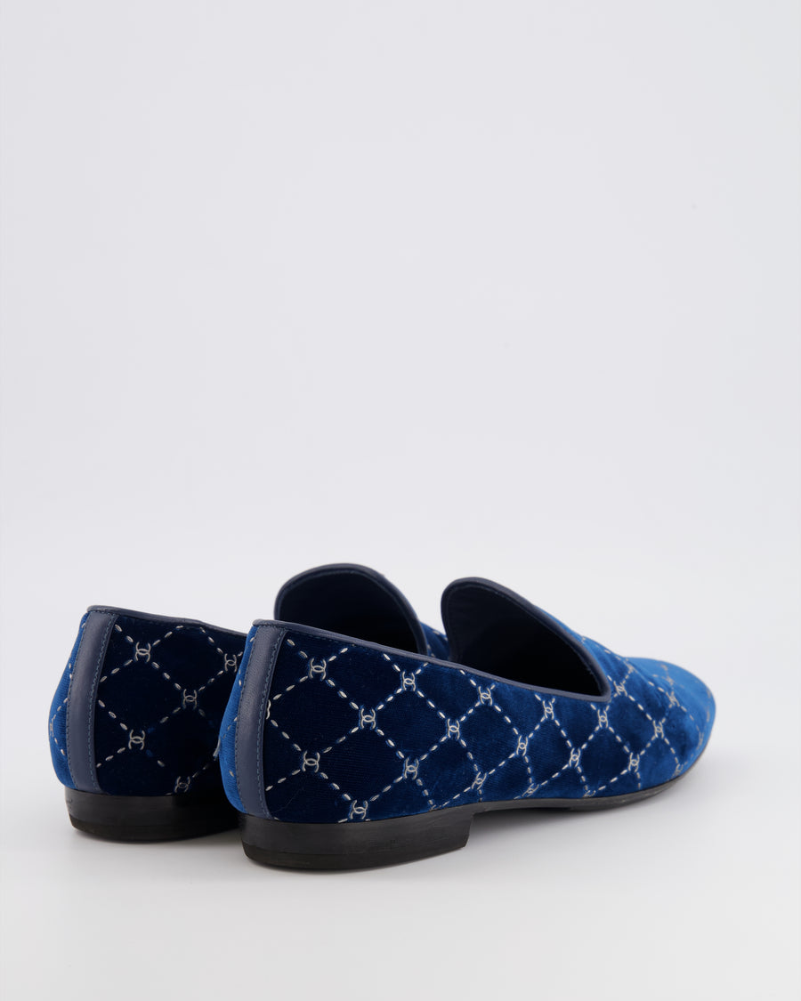 Chanel Navy Velours Loafers with Silver Diamond Stitch Pattern and CC Logos Size EU 40C