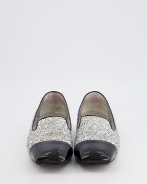 Chanel Silver Glitter Loafers with Black Patent Leather Cap Toe and Black CC Logo Detail Size EU 40