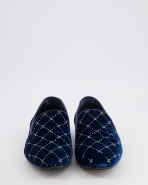 Chanel Navy Velours Loafers with Silver Diamond Stitch Pattern and CC Logos Size EU 40C