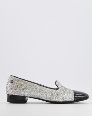 Chanel Silver Glitter Loafers with Black Patent Leather Cap Toe and Black CC Logo Detail Size EU 40