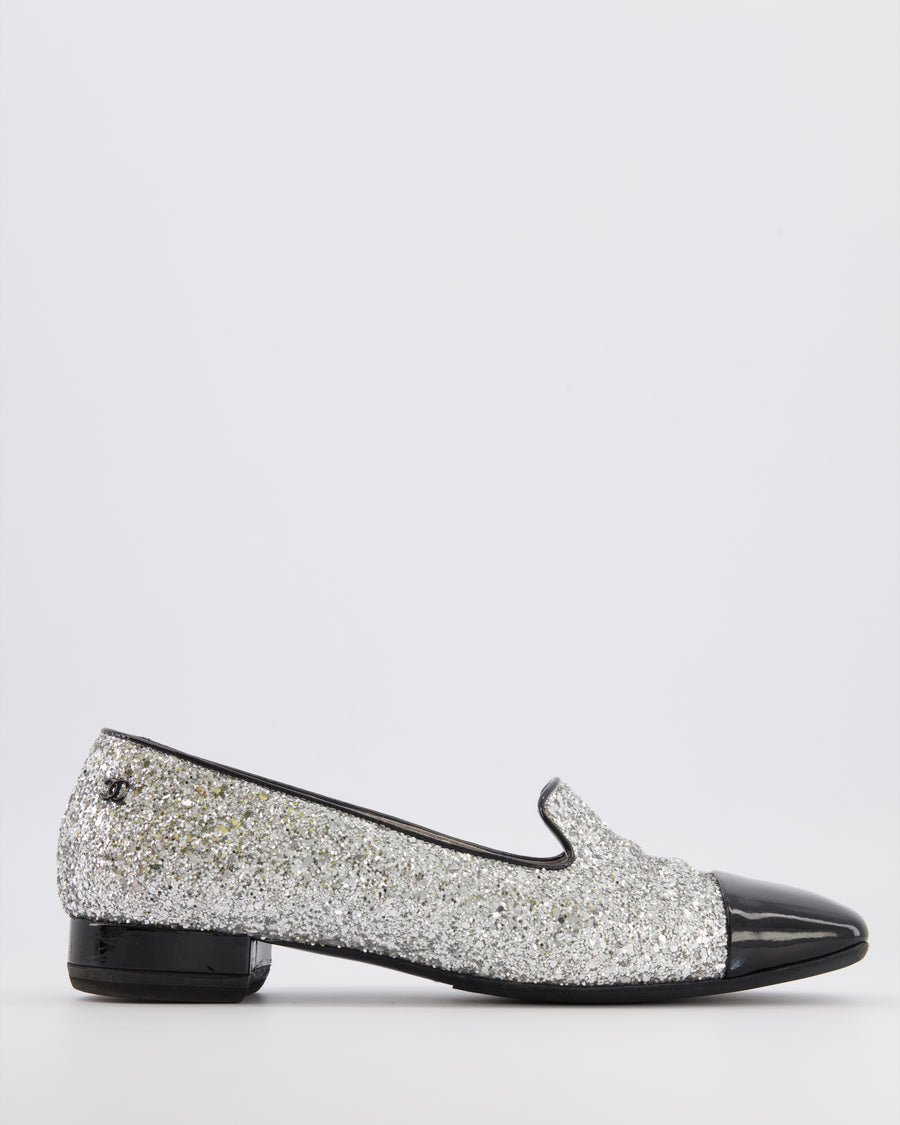 Chanel Silver Glitter Loafers with Black Patent Leather Cap Toe and Black CC Logo Detail Size EU 40