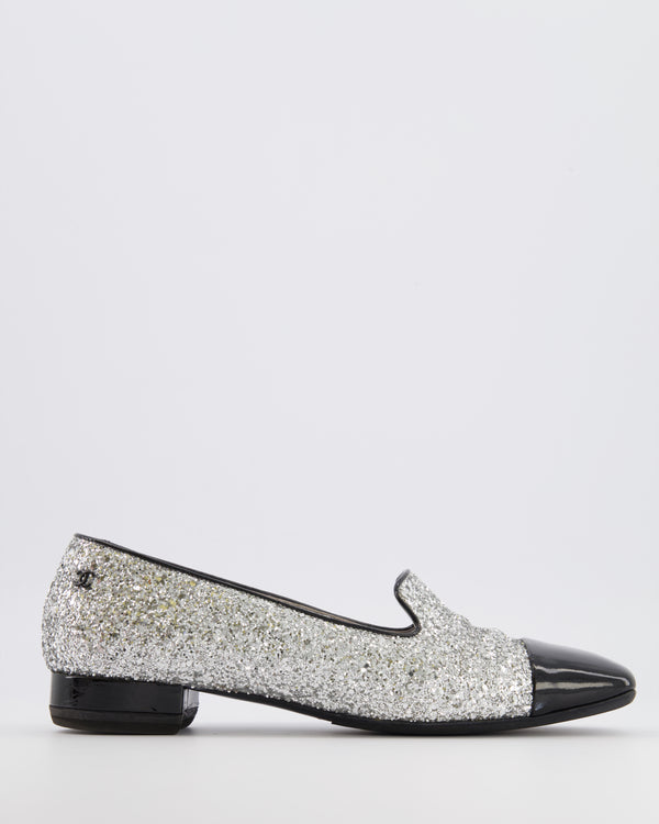 Chanel Silver Glitter Loafers with Black Patent Leather Cap Toe and Black CC Logo Detail Size EU 40